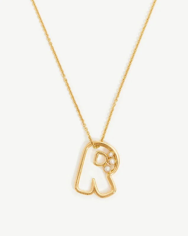 Chubby Pearl Initial Pendant Necklace  - Initial R | 18k Gold Vermeil/Pearl