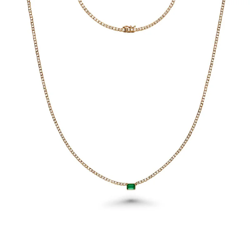 Diamond Tennis Necklace with Emerald Cut Emerald 7.20x5mm (5.50 ct.) 2 mm 4-Prongs Setting  in 14K Gold