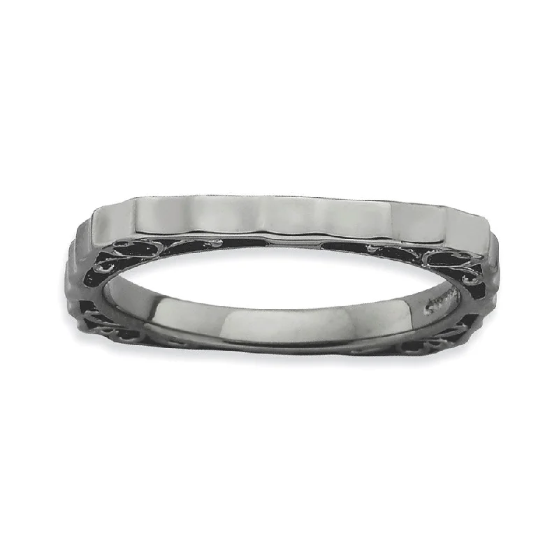 2.25mm Stackable Black Plated Silver Square Concave and Scroll Band