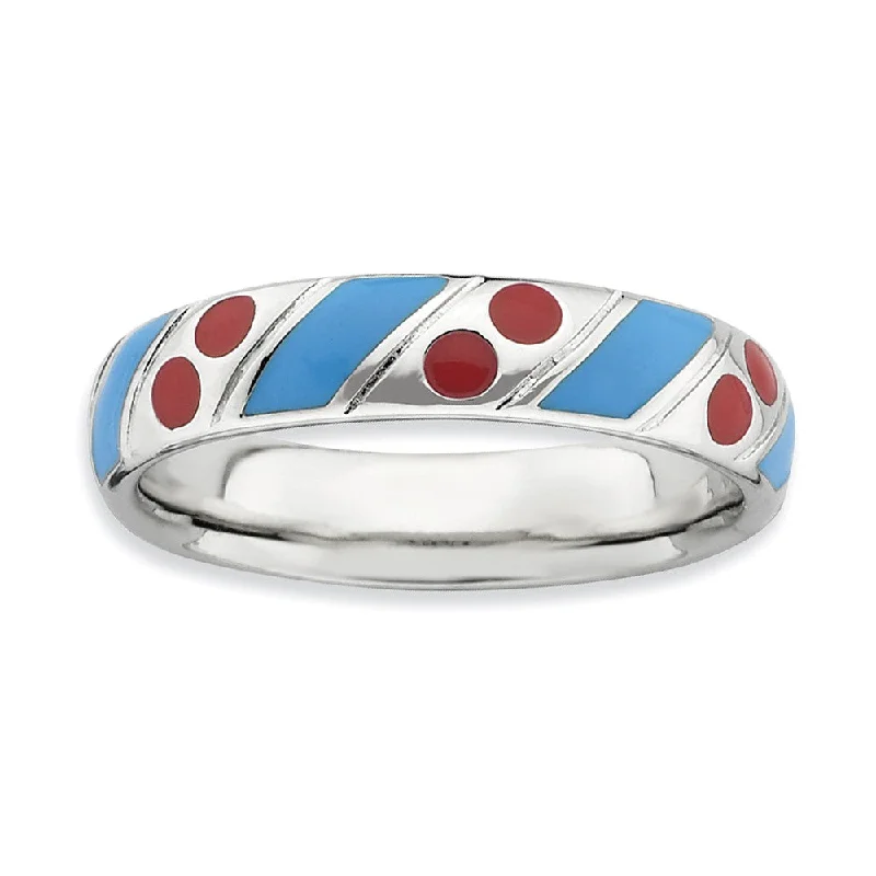 4.5mm Silver Stackable Blue and Red Enameled Band