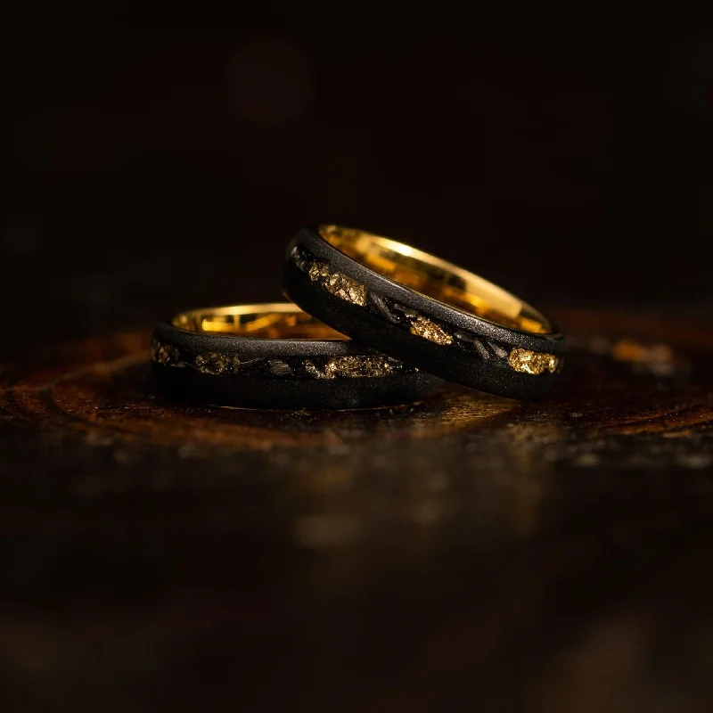 "Dionysus" Sandblasted Tungsten Carbide Ring- Womens Black w/ Gold Leaf & Meteorite- 5mm