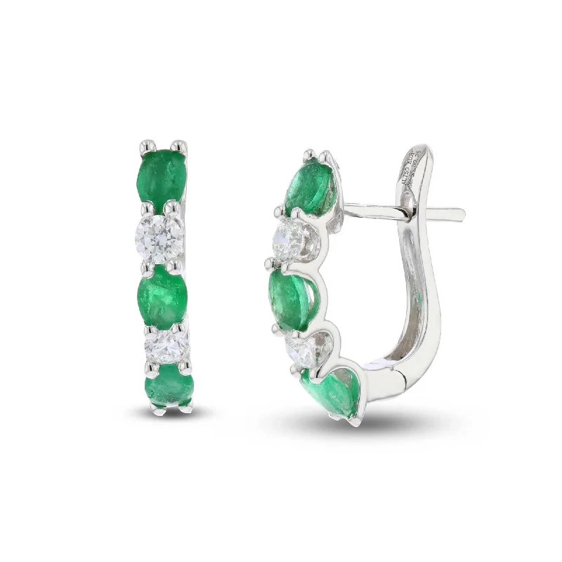 Emerald and Diamond Alternating Hoop Earrings, 18K White Gold