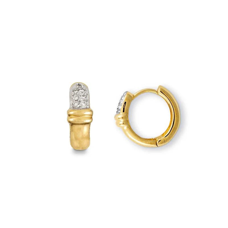 High-Polished Huggies with Pavé Diamonds, 14K Yellow Gold