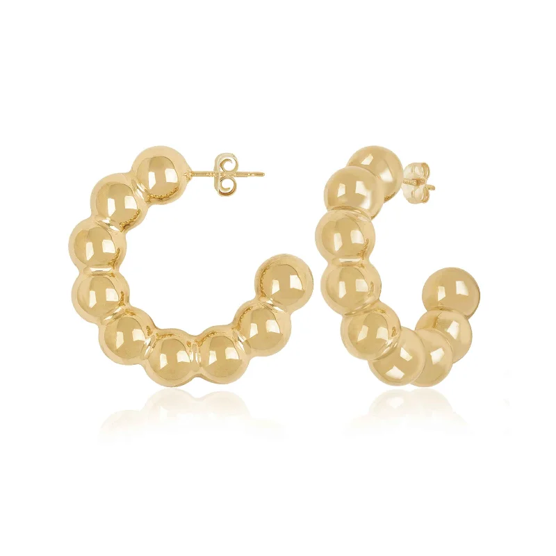 Large Bead Hoop Earrings, 1 Inch, 14K Yellow Gold