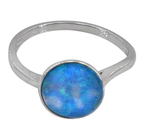 Sterling silver with rhodium, 10mm emulated opal stone ring with 2mm band.