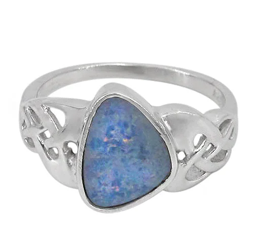 Sterling silver with rhodium, 11x9mm Australian opal stone ring with Celtic knot design, colour and size may vary.