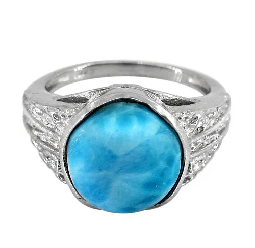 Sterling silver with rhodium, 12mm larimar stone ring, colour and size may vary.