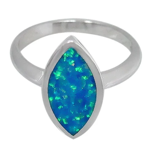 Sterling silver with rhodium, 17x9mm emulated opal stone ring.