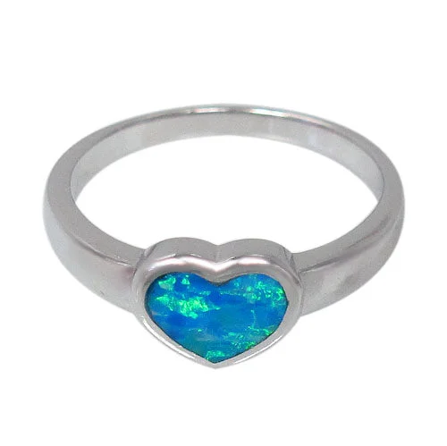 Sterling silver with rhodium, 7.5mm heart ring with emulated opal stone.