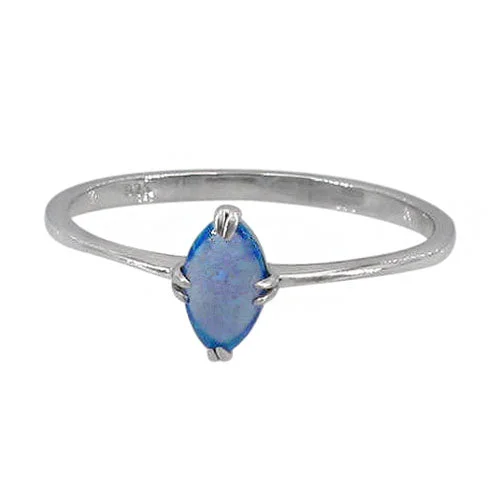 Sterling silver with rhodium, 8x5mm emulated opal stone ring with 1mm band.