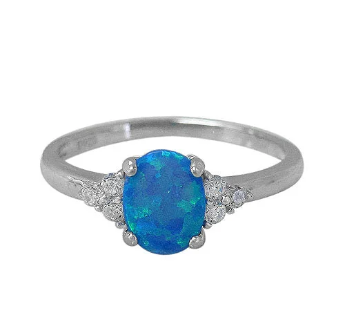 Sterling silver with rhodium, 8x6mm emulated opal stone and cubic zirconia ring.