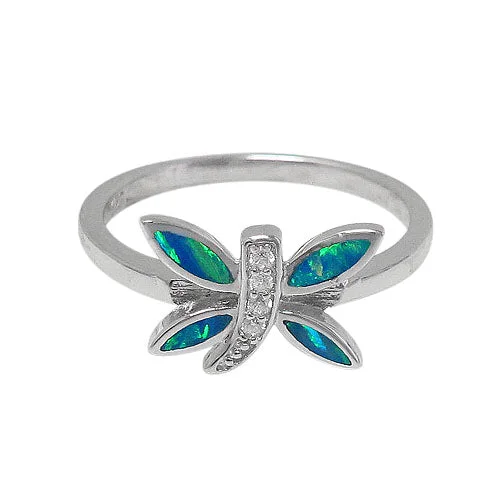 Sterling silver with rhodium, 9x7mm dragonfly ring with emulated opal stone and cubic zirconia.