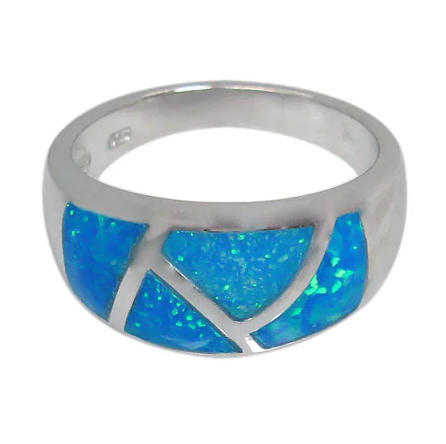 Sterling silver with rhodium, emulated opal stone ring, 10mm width.