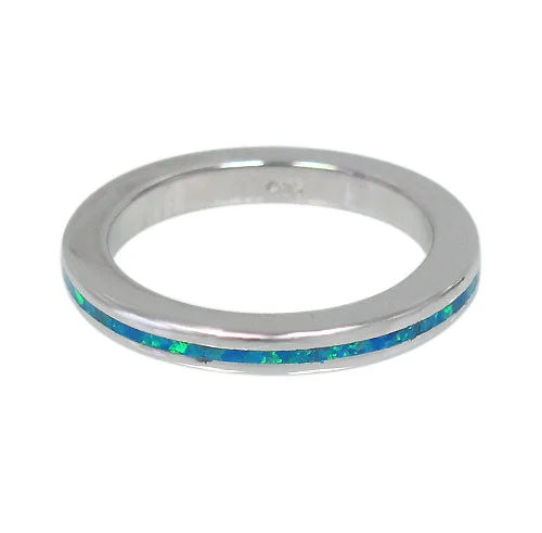 Sterling silver with rhodium, emulated opal stone ring, 3mm width.