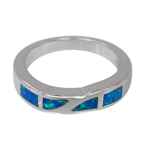 Sterling silver with rhodium, emulated opal stone ring, 5mm width.