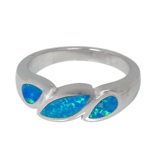 Sterling silver with rhodium, emulated opal stone ring, 7mm width.