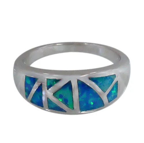 Sterling silver with rhodium, emulated opal stone ring, 8.5mm width.