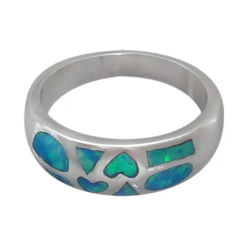 Sterling silver with rhodium, emulated opal stone ring with multi shape design, 7mm width.