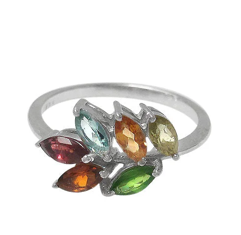 Sterling silver with rhodium, multi stone leaf ring, 7x3mm width.