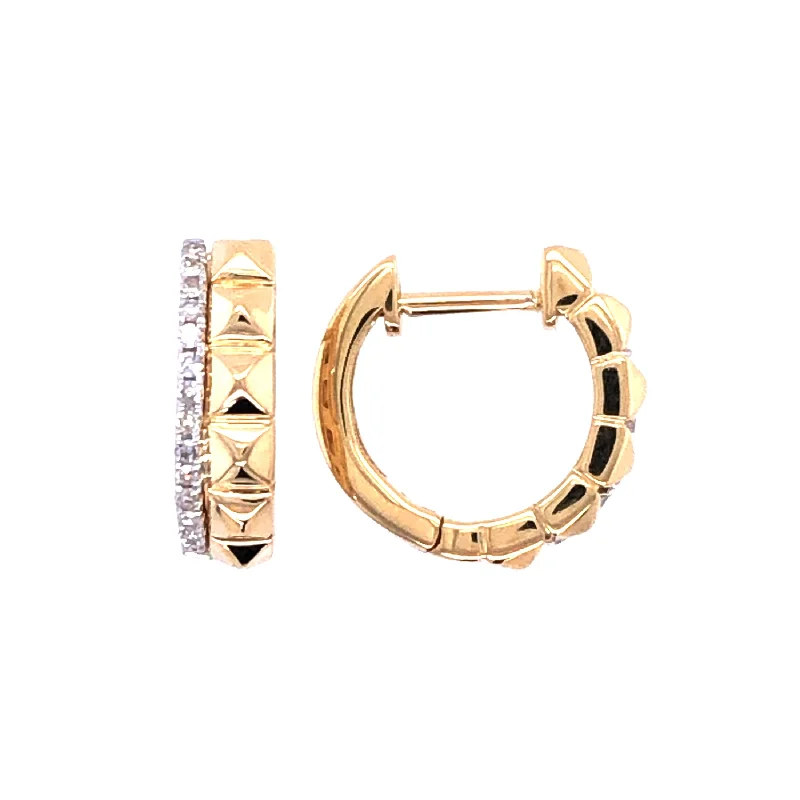 Pyramid Diamond Huggie Earrings, 14 Karat Gold