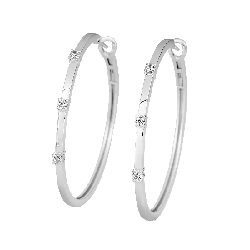 White Sapphire Hoop Earrings, 2 Inches, Sterling Silver