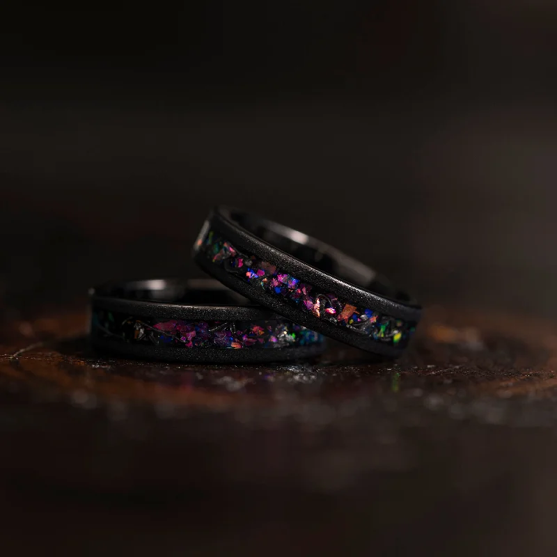 "Zeus" Flat Purple Nebula Ring- Meteorite and Opal- Black 5mm Womens