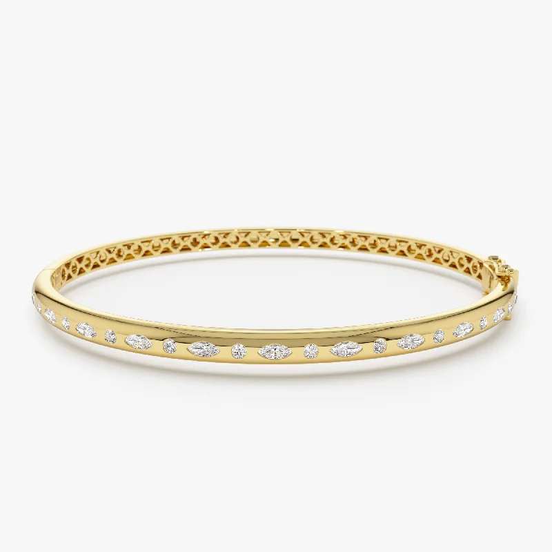 14k Gold Flush Setting Marquise Shaped and Round Diamond Bangle