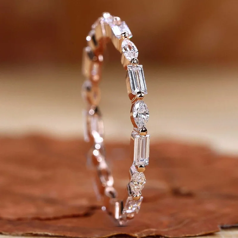 Alternating Marquise and Baguette Cut Diamond Dainty Wedding Band