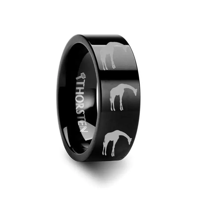 Animal Giraffe Print Engraved Flat Black Tungsten Ring - 4mm - 12mm