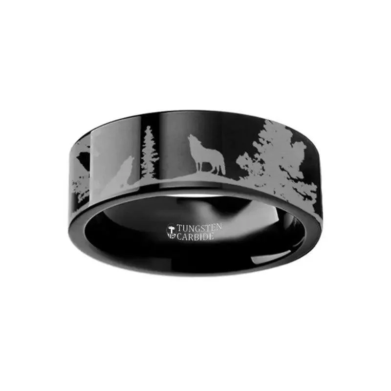 Animal Landscape Scene Wolf Wolves Engraved Flat Black Tungsten Ring - 4mm - 12mm