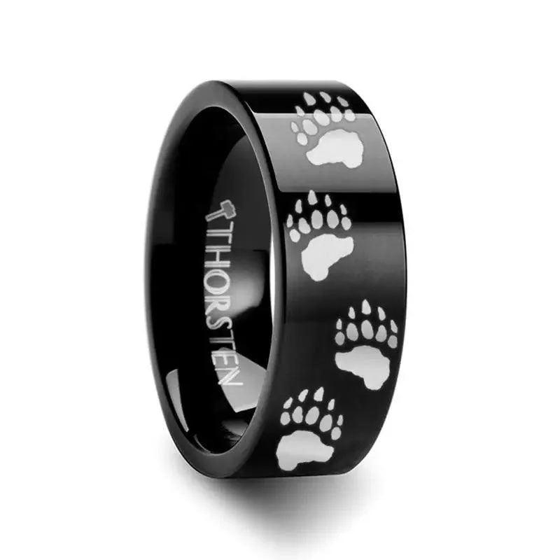 Animal Track Bear Paw Print Engraved Black Tungsten Ring Polished - 4mm - 12mm