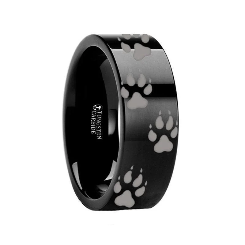 Animal Track Wolf Print Ring Engraved Black Tungsten - 4mm - 12mm