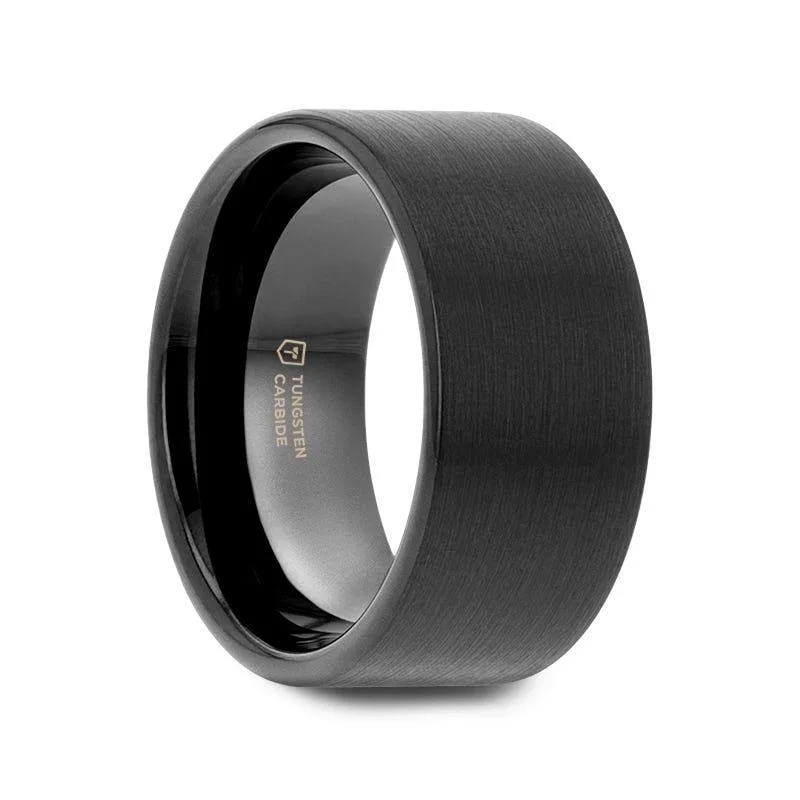 BALTIMORE Flat Style Black Tungsten Carbide Ring with Brushed Finish - 12mm