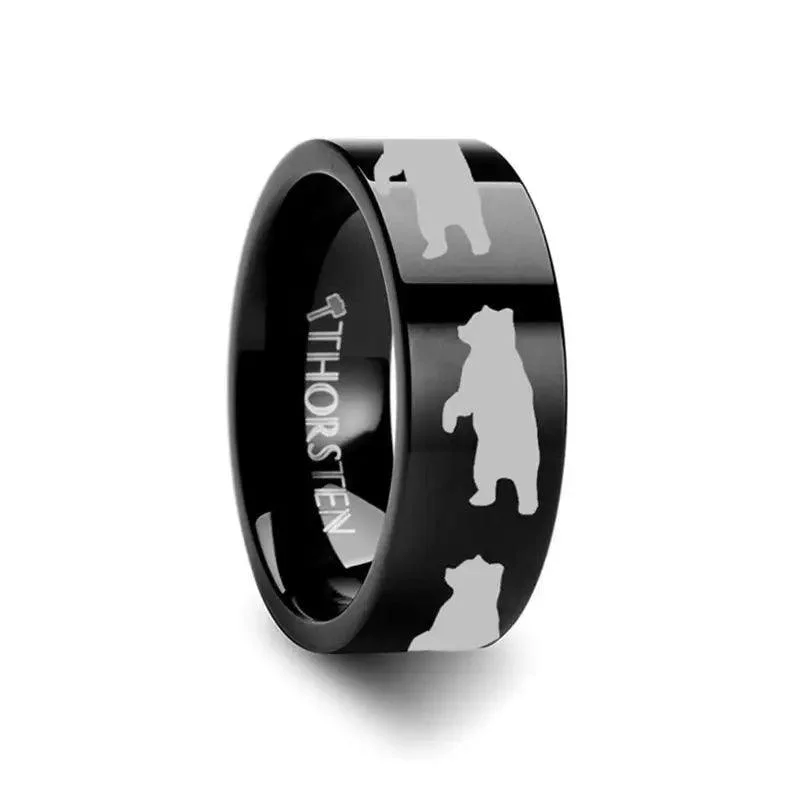 Bear Print Engraved Flat Black Tungsten Ring - 4mm - 12mm