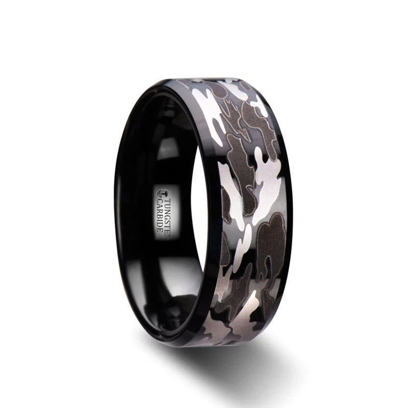 CONQUEST Beveled Black Tungsten Carbide Ring with Black and Gray Camo Pattern - 8mm