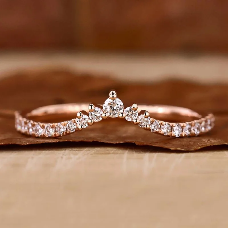 Diamond Chevron Band, Round Cut Diamond Half Eternity Wedding Band