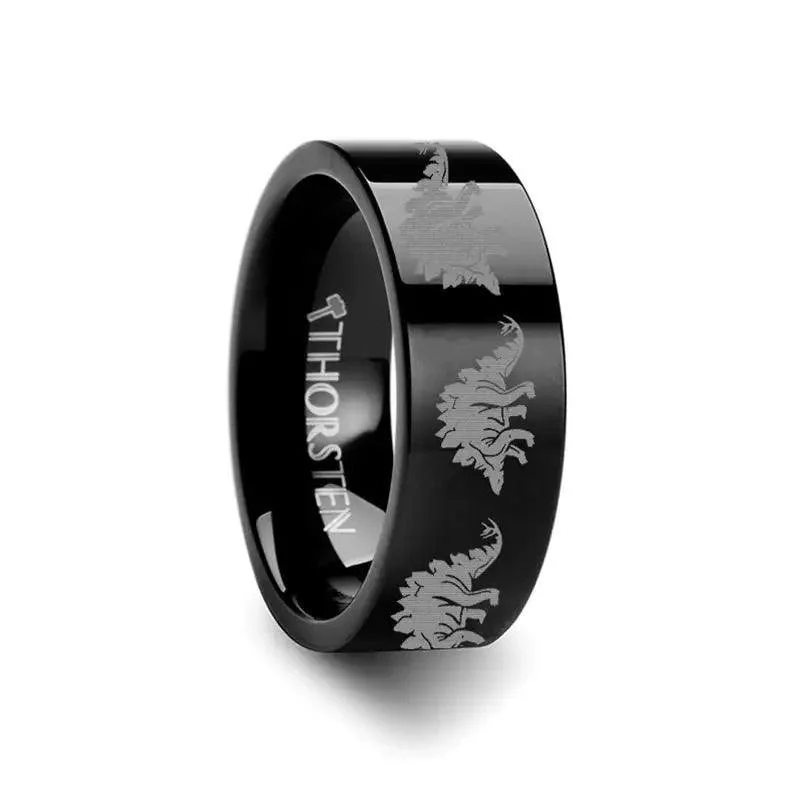 Dinosaur Stegasaurus Prehistoric Paleo Engraved Flat Black Tungsten Ring - 4mm - 12mm