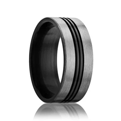 DRUM | Unique Wedding Ring | Brushed Zirconium with Grooves | 6mm, 7mm & 8mm