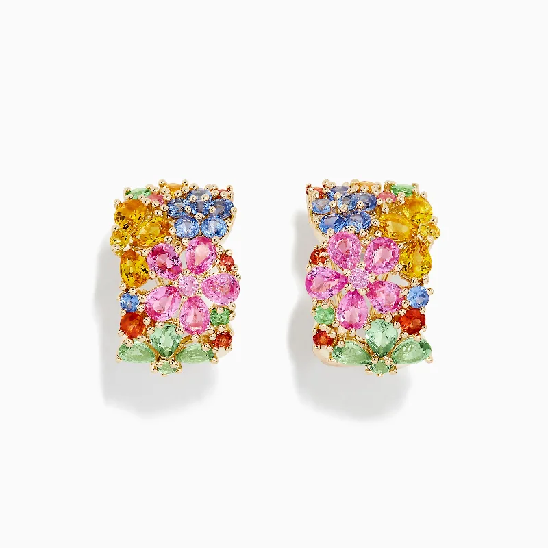 14K Yellow Gold Multi Sapphire Flower Earrings, 7.31 TCW