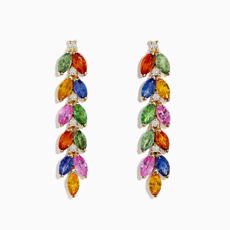 Watercolor 14K Yellow Gold Multi Sapphire and Diamond Drop Earrings