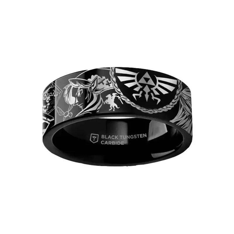 Engraved Zelda Mosaic Ocarina Links Master Sword & Shield Majora Black Tungsten Ring Flat Polished - 4mm - 12mm