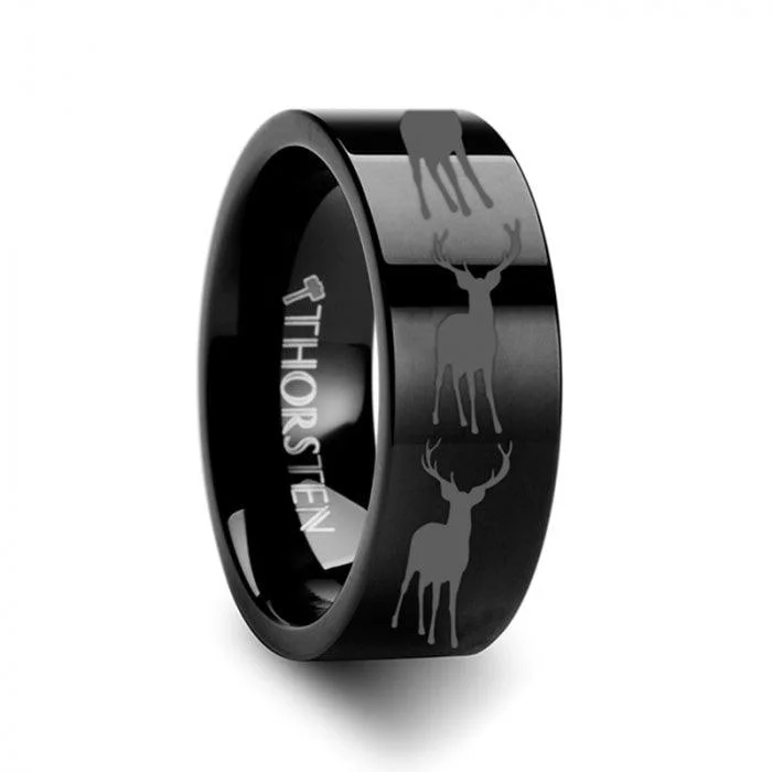 Fawn Deer Elk Print Engraved Flat Black Tungsten Ring - 4mm - 12mm