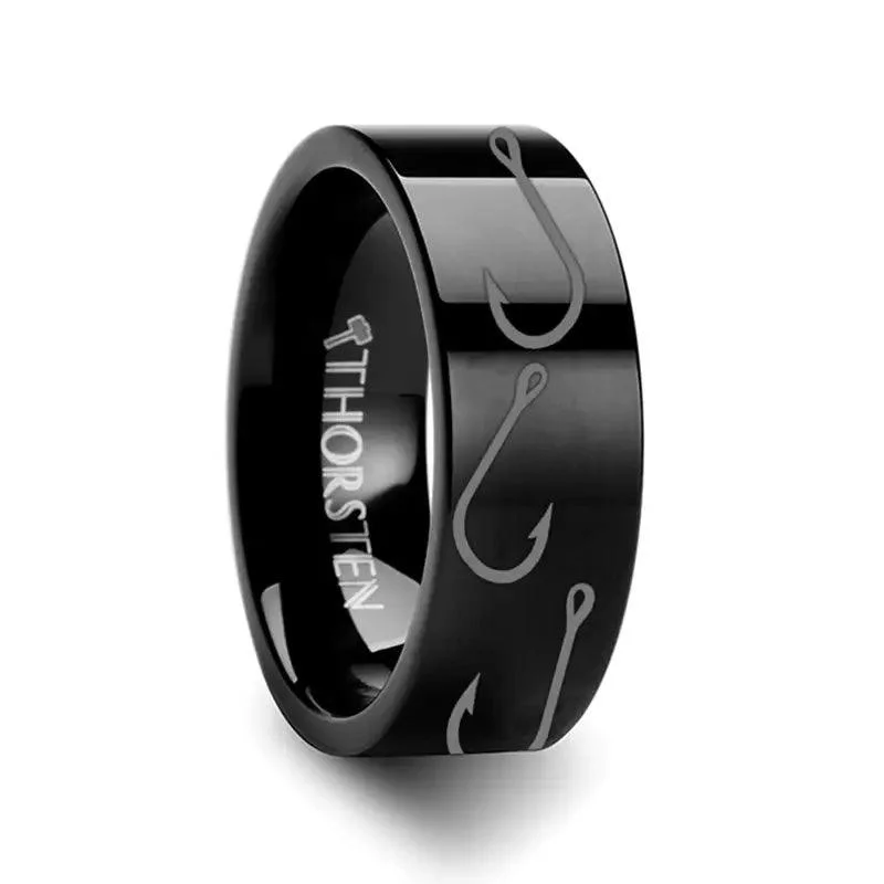 Fishing Hook Pattern Engraved Flat Black Tungsten Ring - 4mm - 12mm