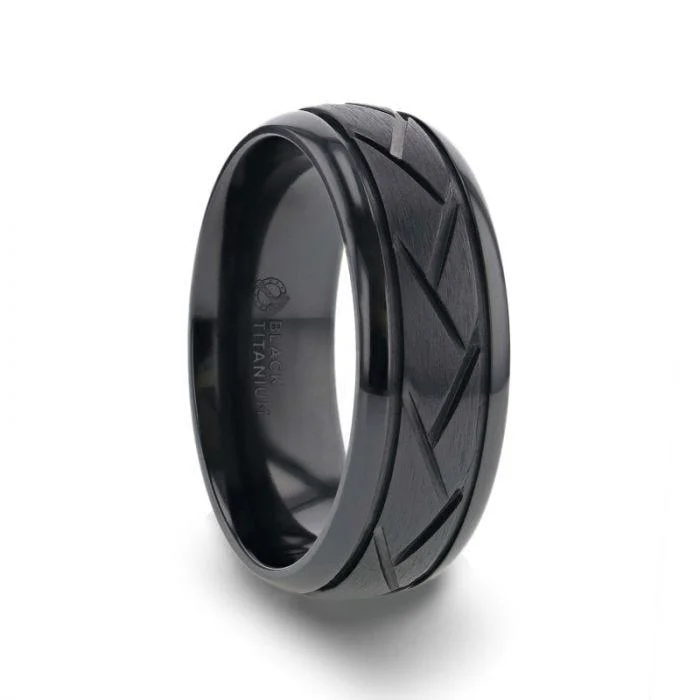 JAX Domed Black Titanium Ring with Brushed Cross Alternating Diagonal Cuts Pattern - 8mm