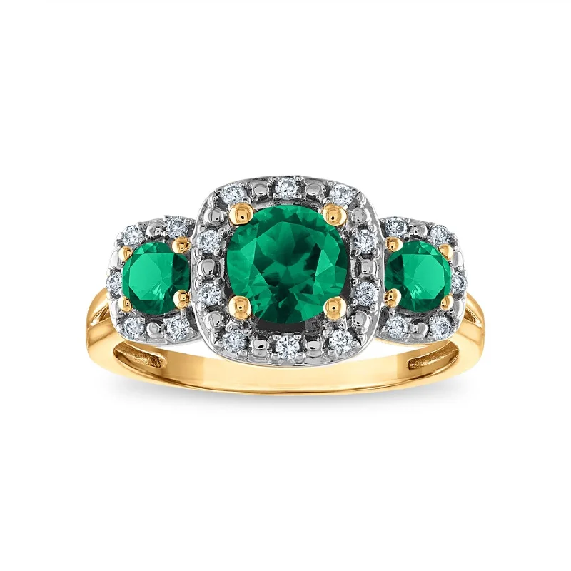 LoveSong EcoLove Round Emerald and Emerald Three Stone Halo Ring in 10KT Yellow Gold