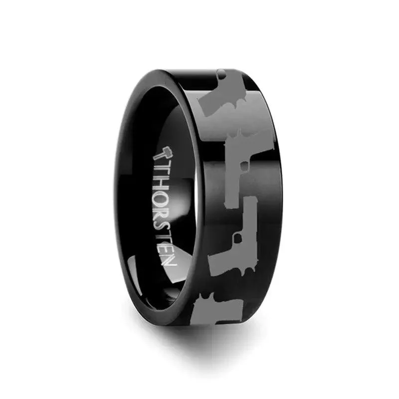 M1911 Print Design Engraved Flat Tungsten Black Ring - 4mm - 12mm