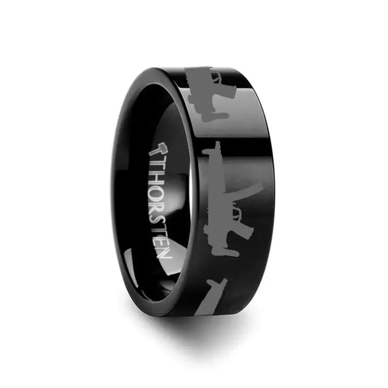 MP5 Print Design Engraved Flat Tungsten Black Ring - 4mm - 12mm