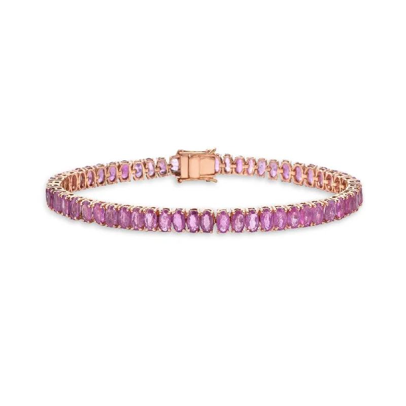 Oval Shape Pink Sapphire Tennis Bracelet (23.00 ct.) 4-Prongs Setting in 14K Gold