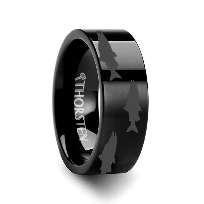 Salmon Fish Sea Print Pattern Engraved Flat Black Tungsten Ring - 4mm - 12mm