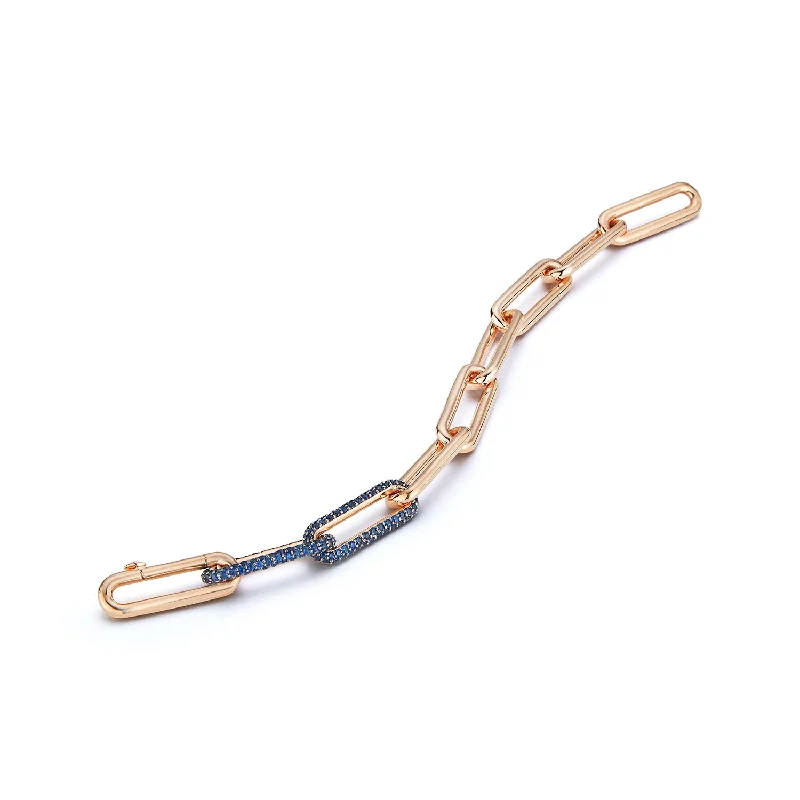 SAXON 18K ELONGATED CHAIN LINK BRACELET WITH DOUBLE SAPPHIRE LINKS